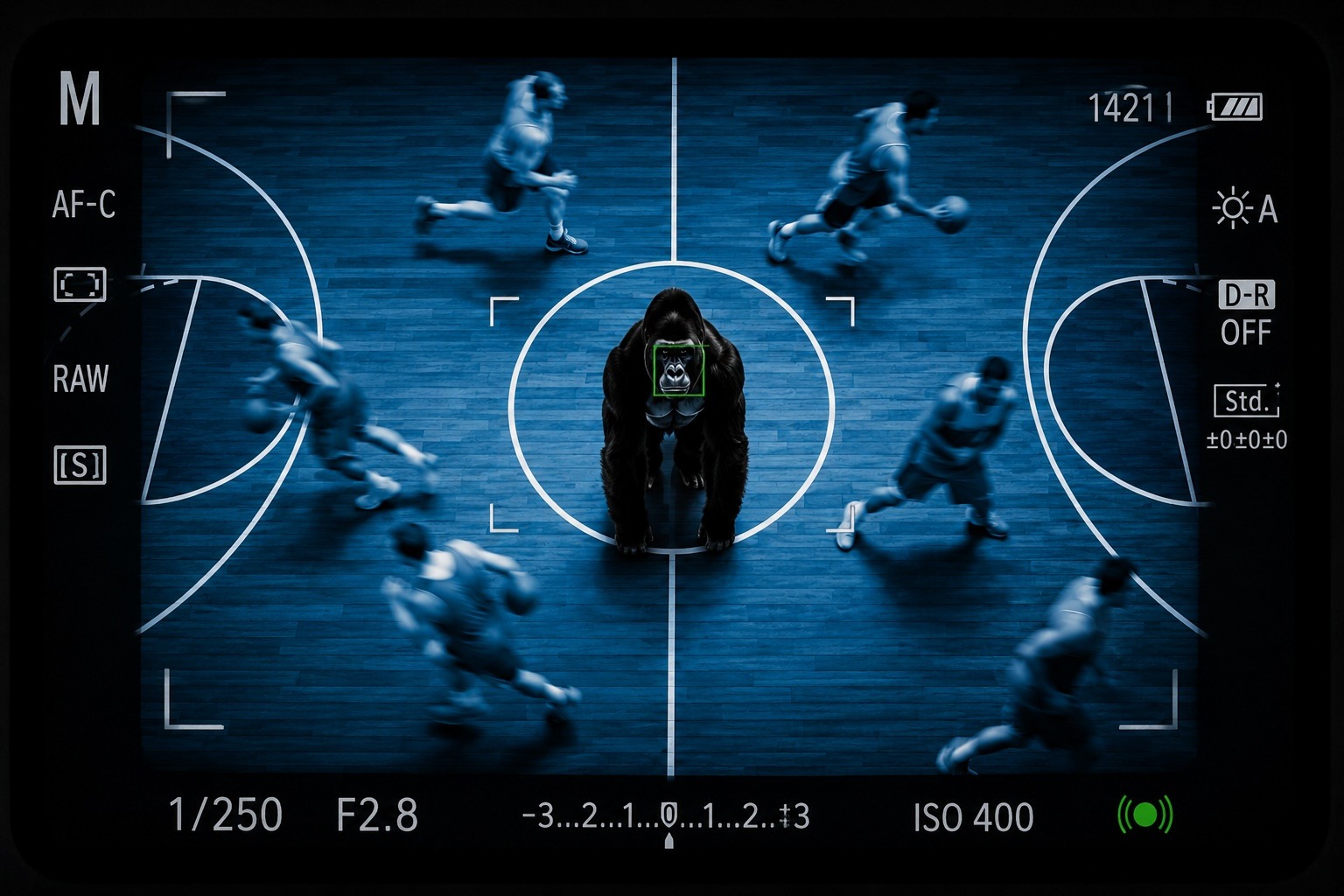 Camera viewfinder showing a gorilla among basketball players during a game.