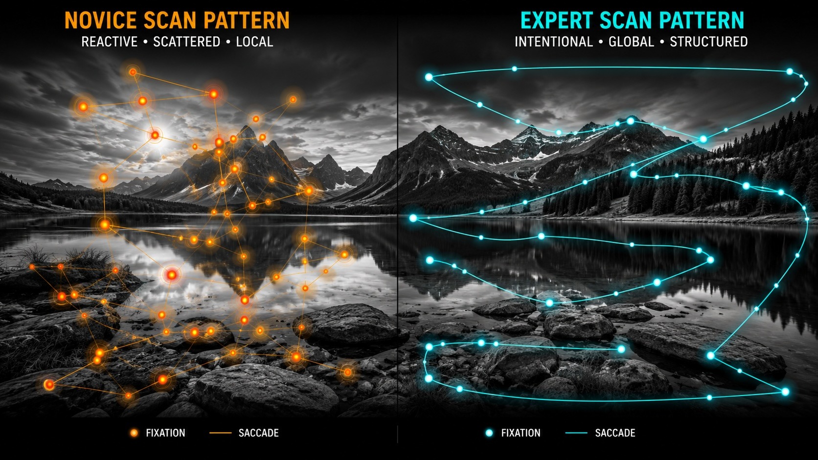 Comparison of novice and expert eye scan patterns across a mountain landscape.