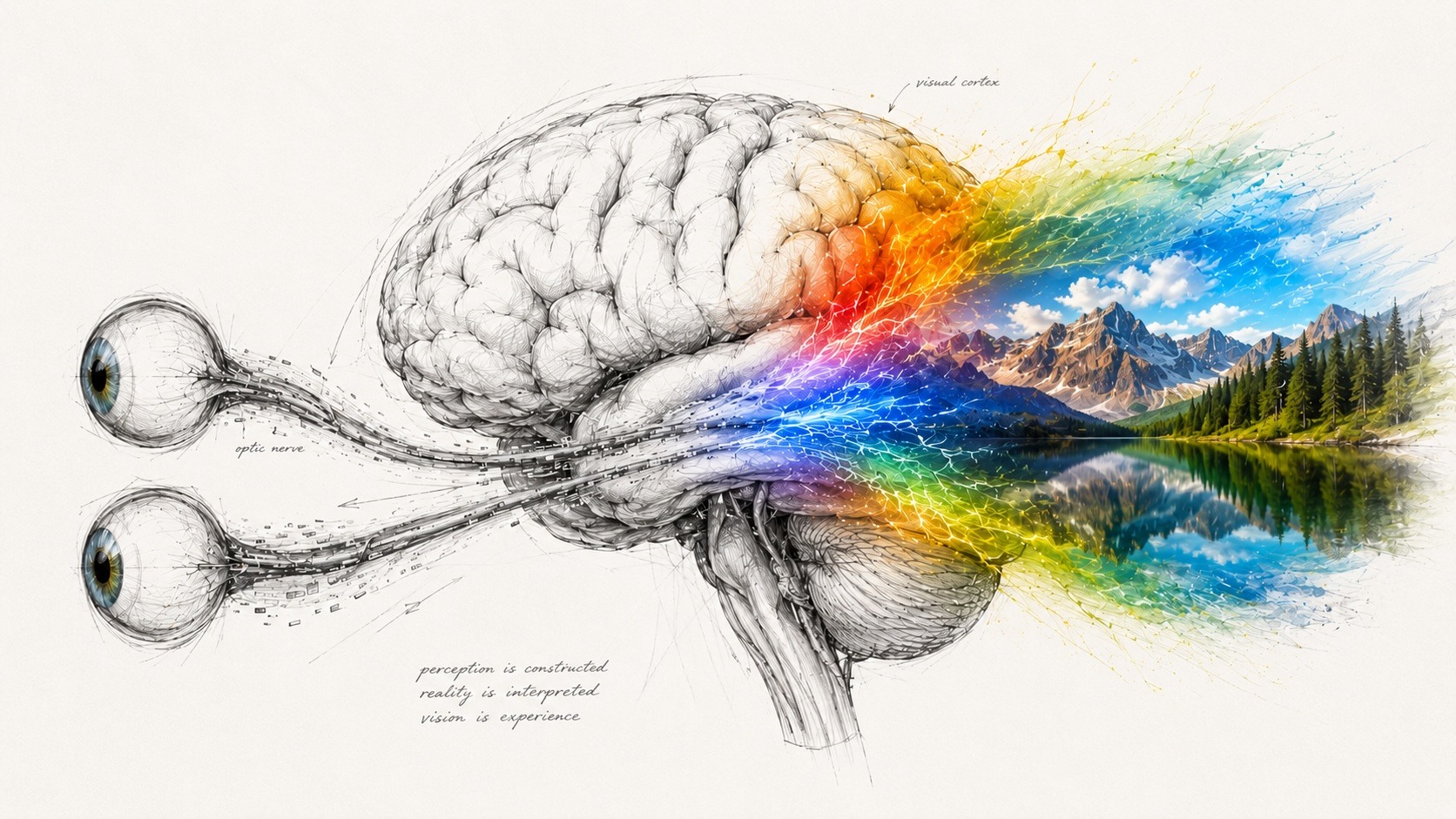 Illustration of eyes sending visual signals to the brain, creating a colorful landscape.