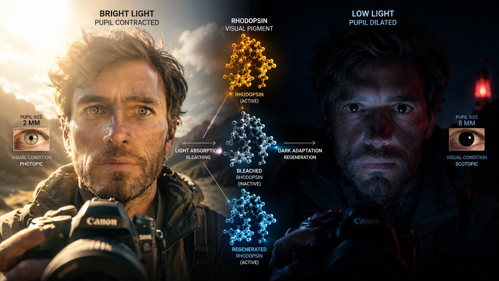 Photographer in bright and low light showing pupil size and dark adaptation.