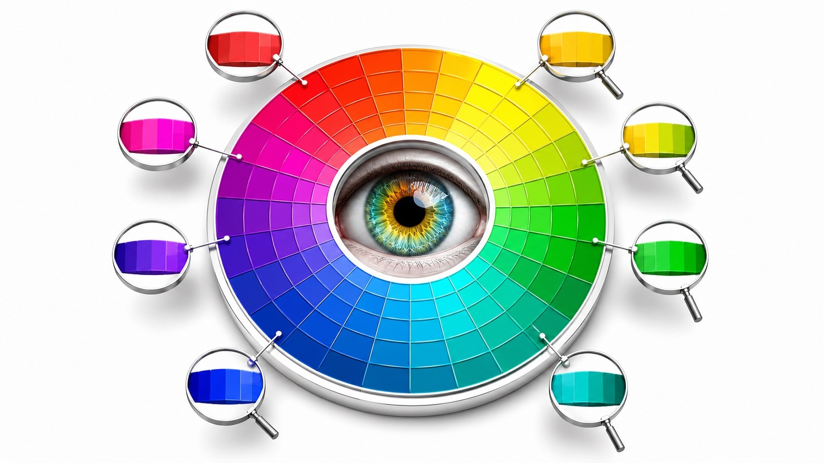 Color wheel with an eye in the center and magnified color samples around it.