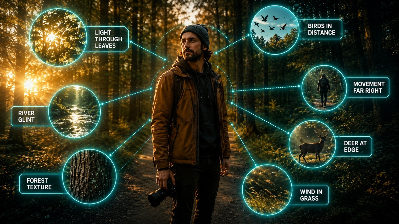 Photographer in a forest with highlighted examples of details seen in peripheral vision.