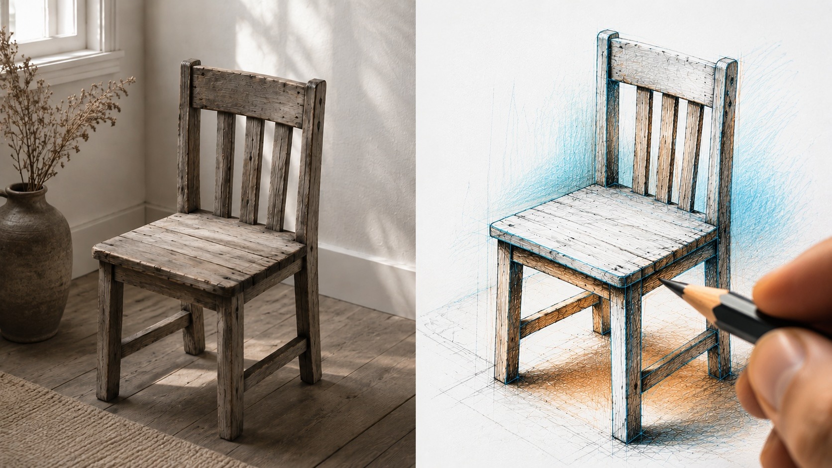 Wooden chair beside a sketch showing the same chair drawn from observation.