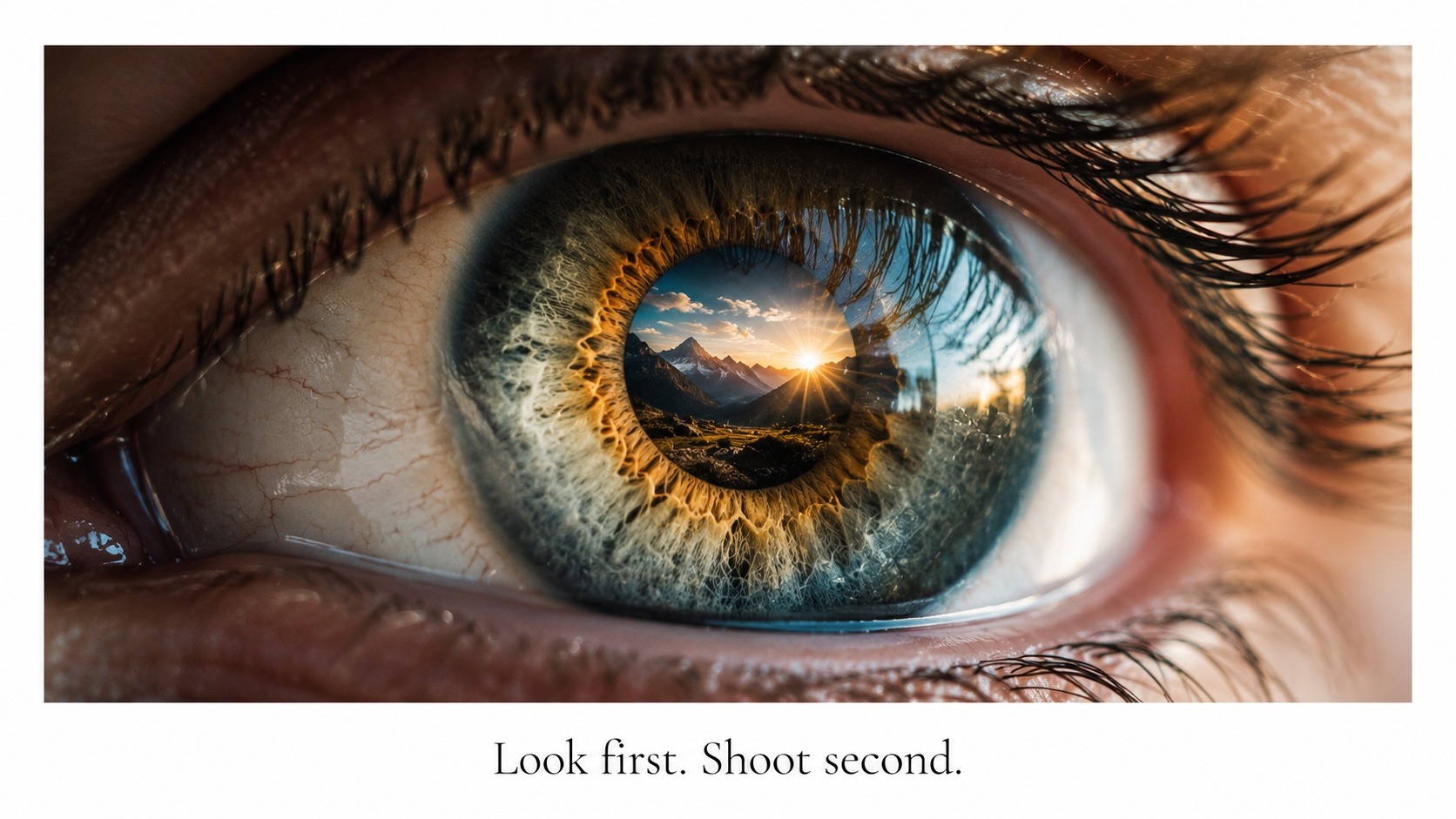 Close-up of a human eye reflecting a mountain landscape at sunrise.