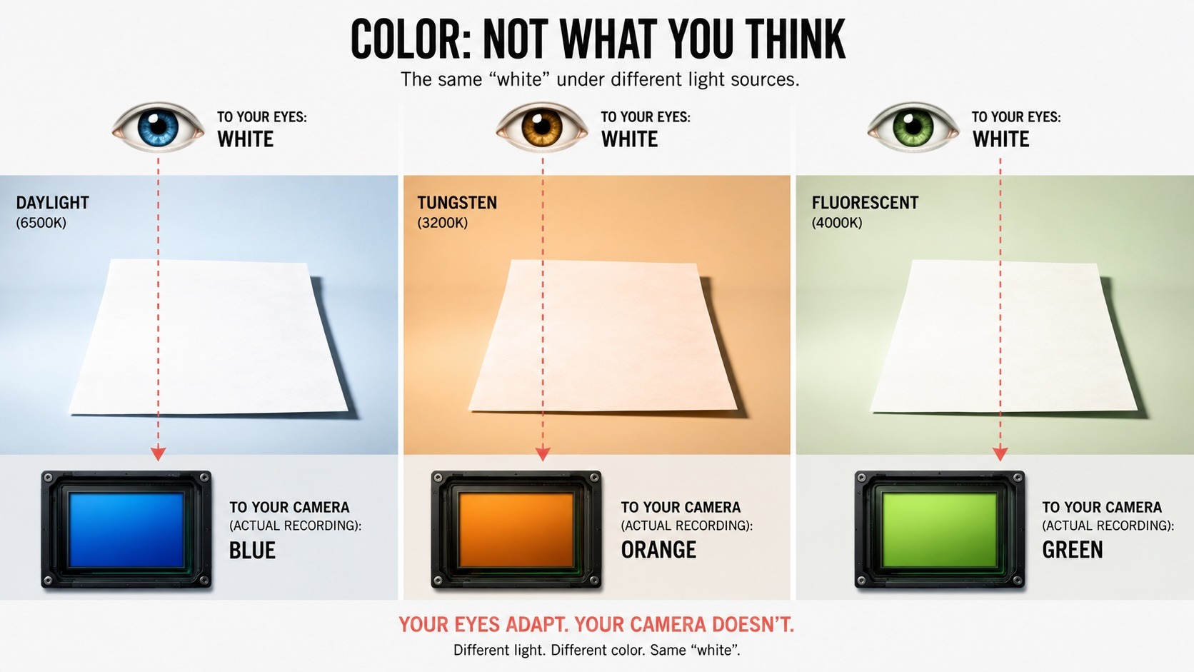 Diagram showing how the eye and camera see color under different lighting.