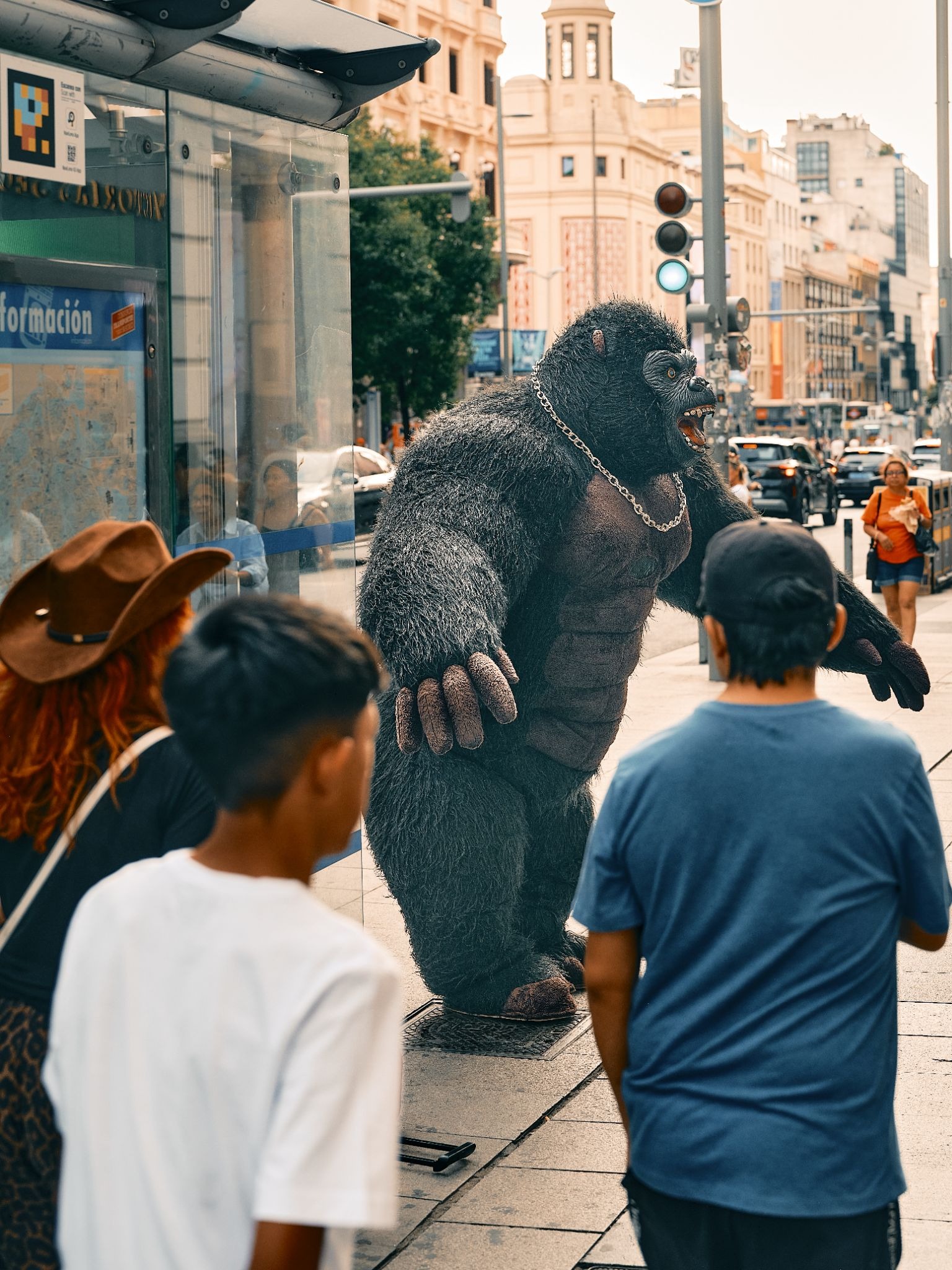 Street performer in a gorilla costume entertaining a crowd.