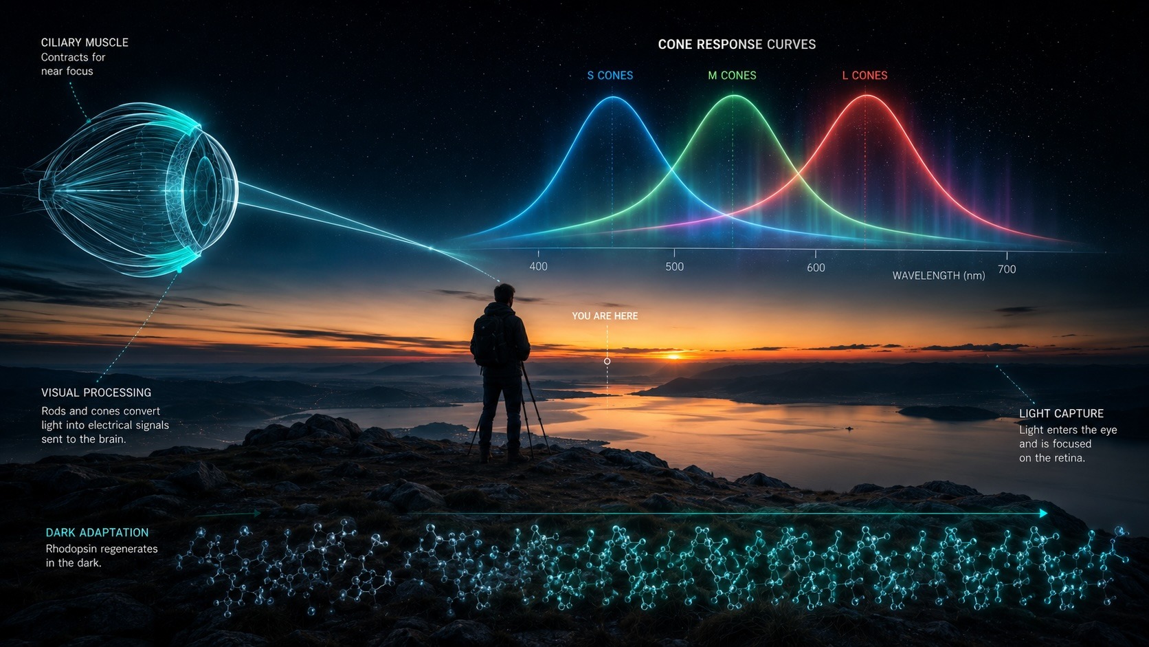 Illustration of cone response, dark adaptation, and vision in landscape photography.