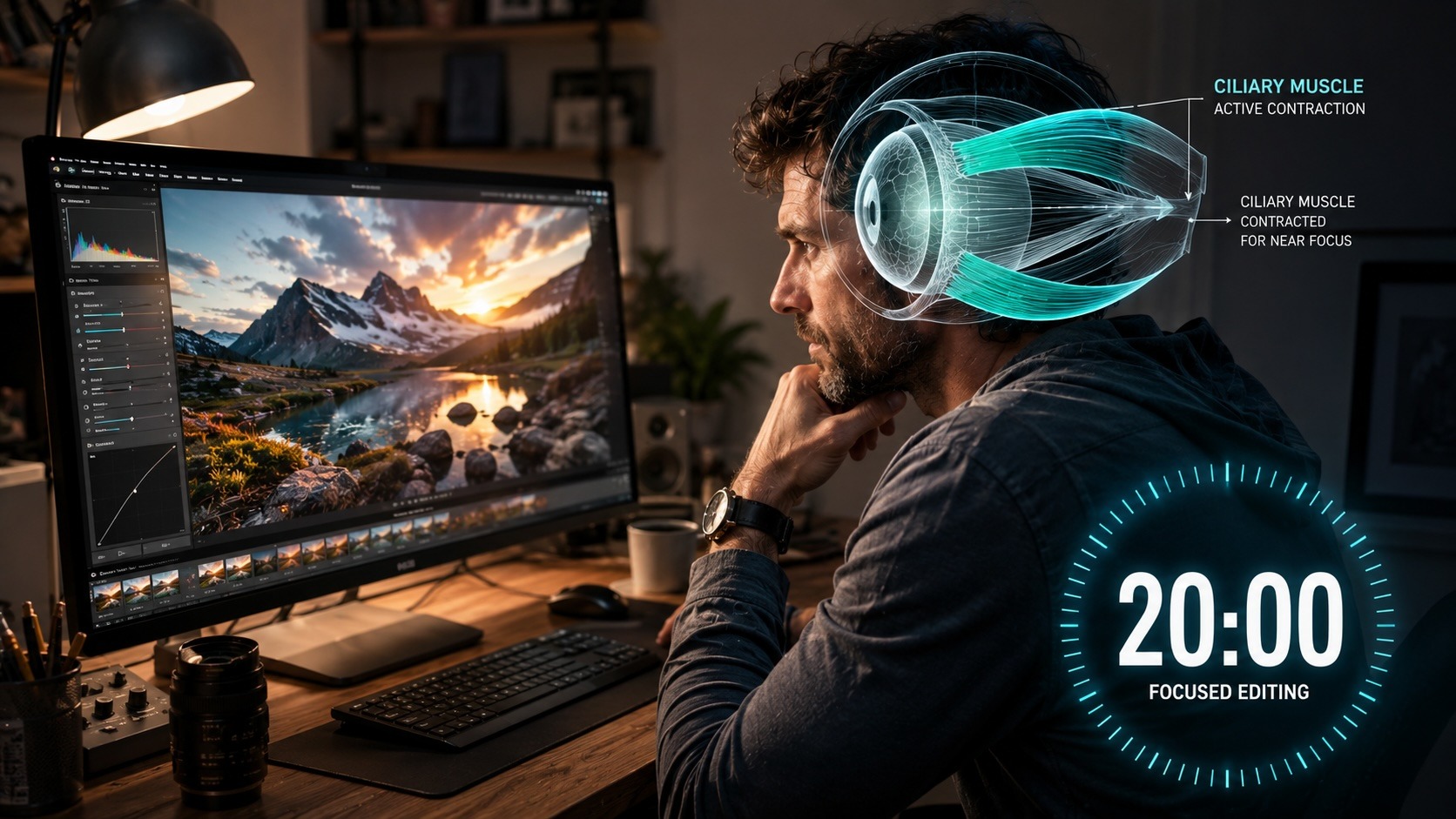Photographer editing on a monitor with eye muscle diagram and 20-minute timer