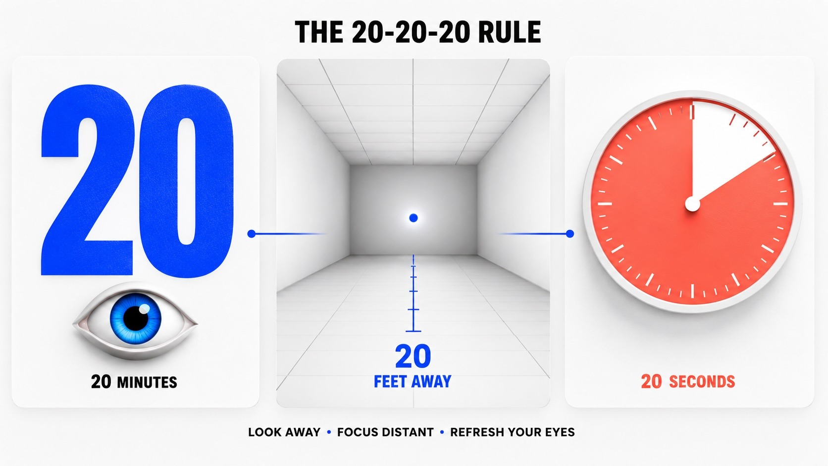 Illustration explaining the 20-20-20 rule for reducing digital eye strain