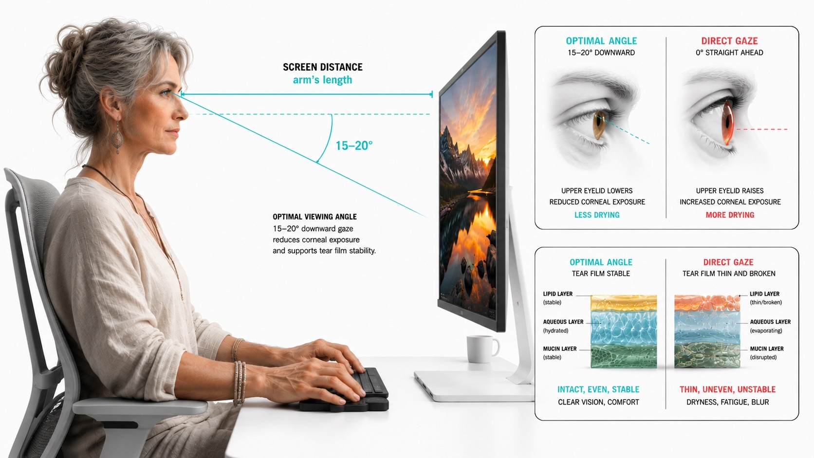 Proper monitor height and viewing angle to reduce eye strain during editing