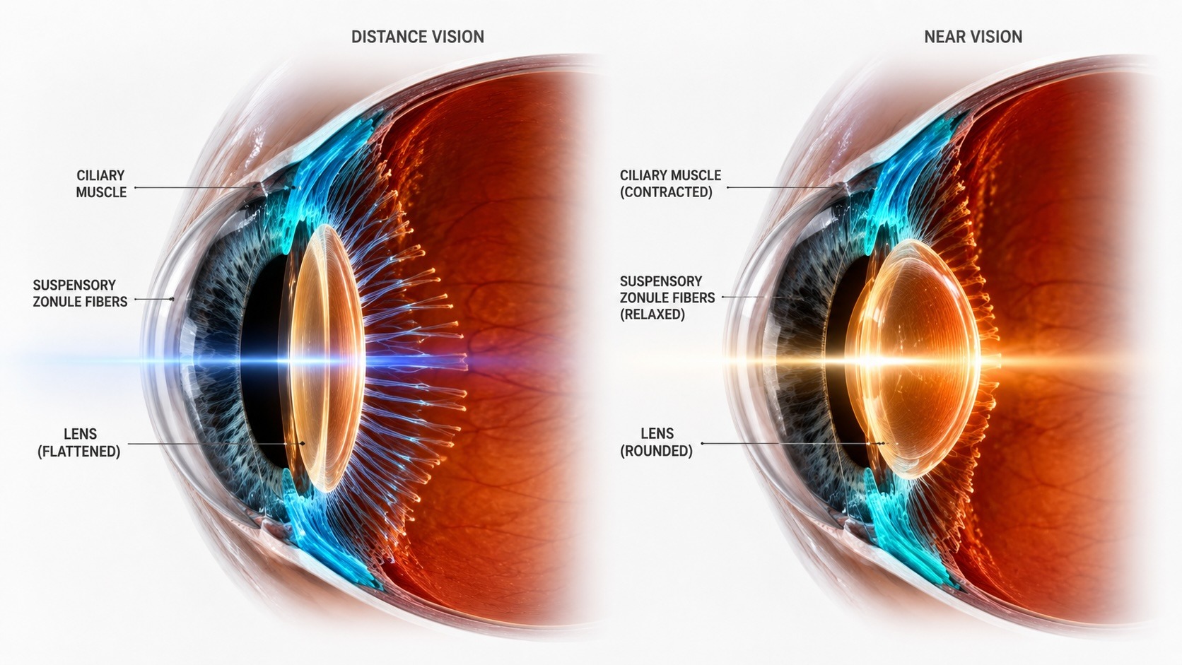 Eye cross-section comparing lens shape for distance and near vision.