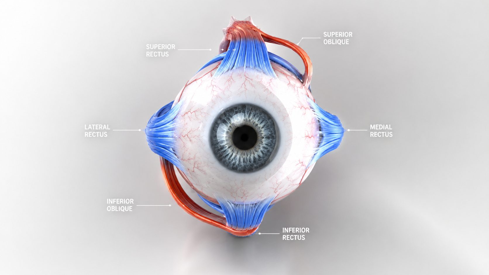 Eye muscles surrounding the eyeball labeled in an anatomical diagram.