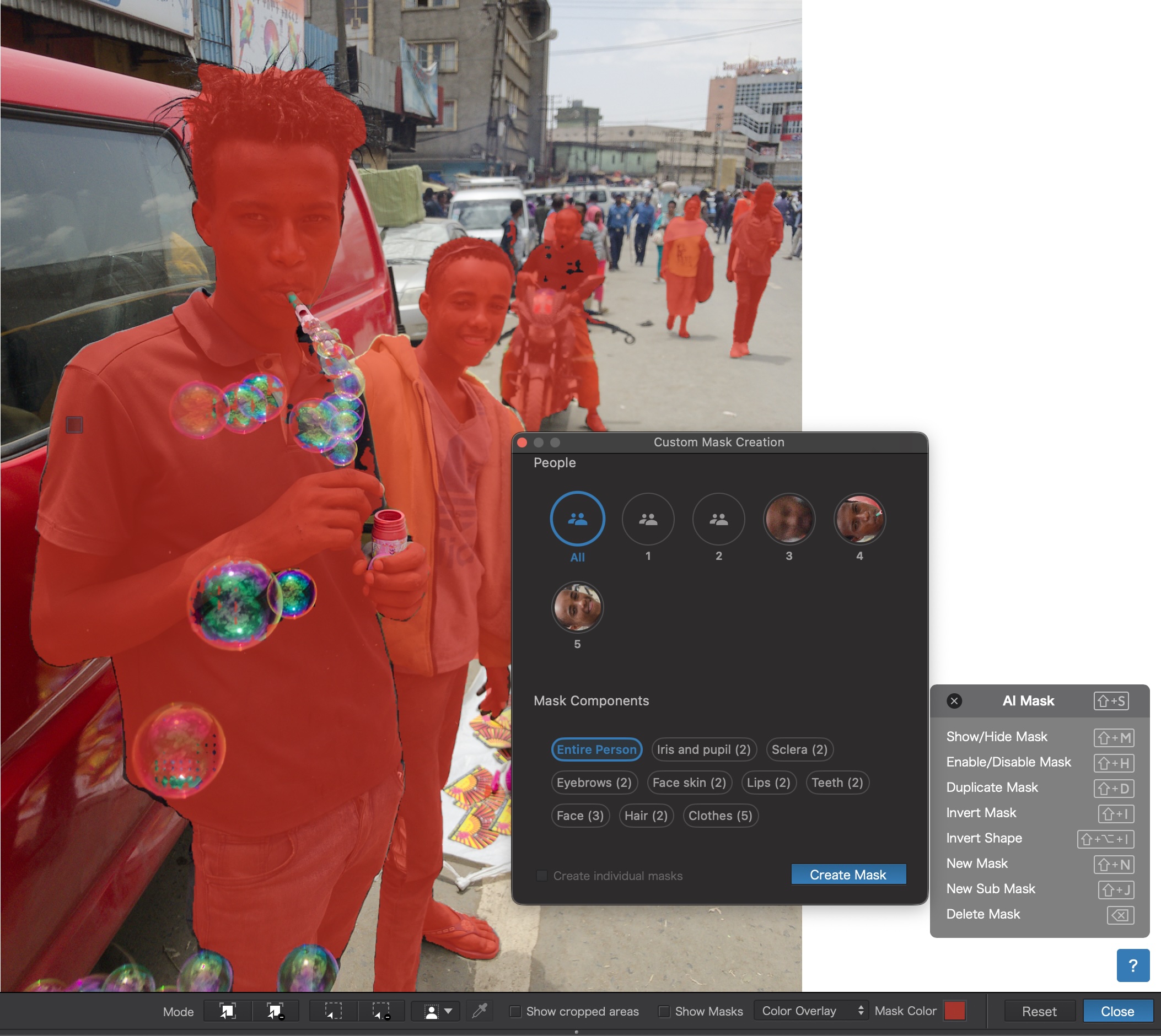 DxO PhotoLab 10 AI People Mask identifying people and individual mask components