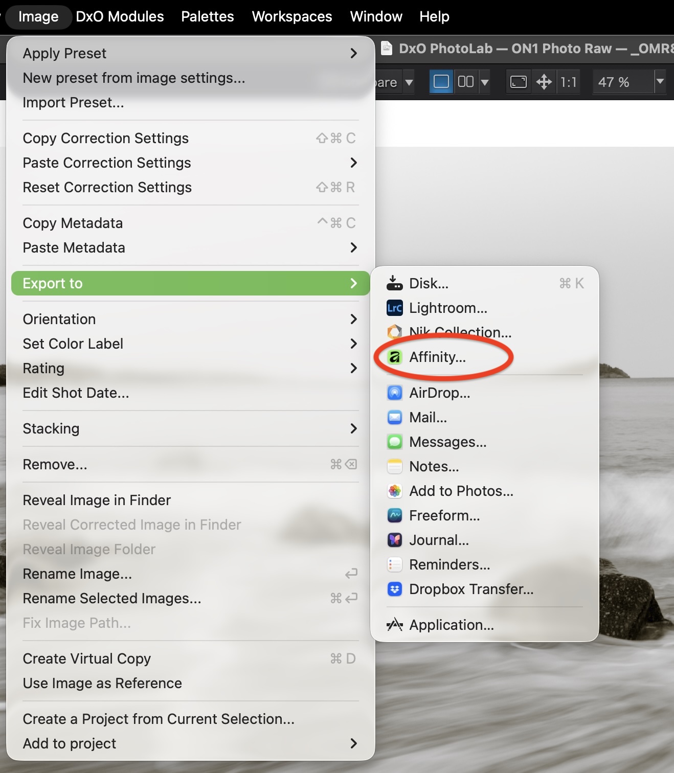 DxO PhotoLab 10 Export menu showing Affinity as an available editing option