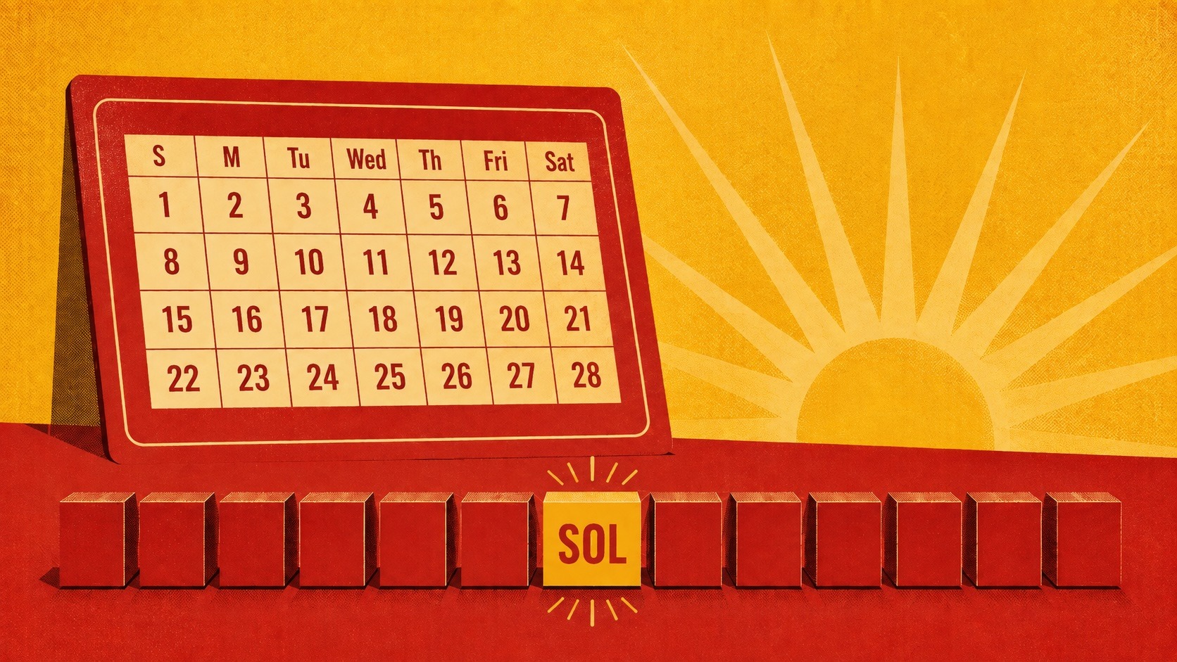 28-day calendar and 13 blocks with Sol highlighted as the extra month.