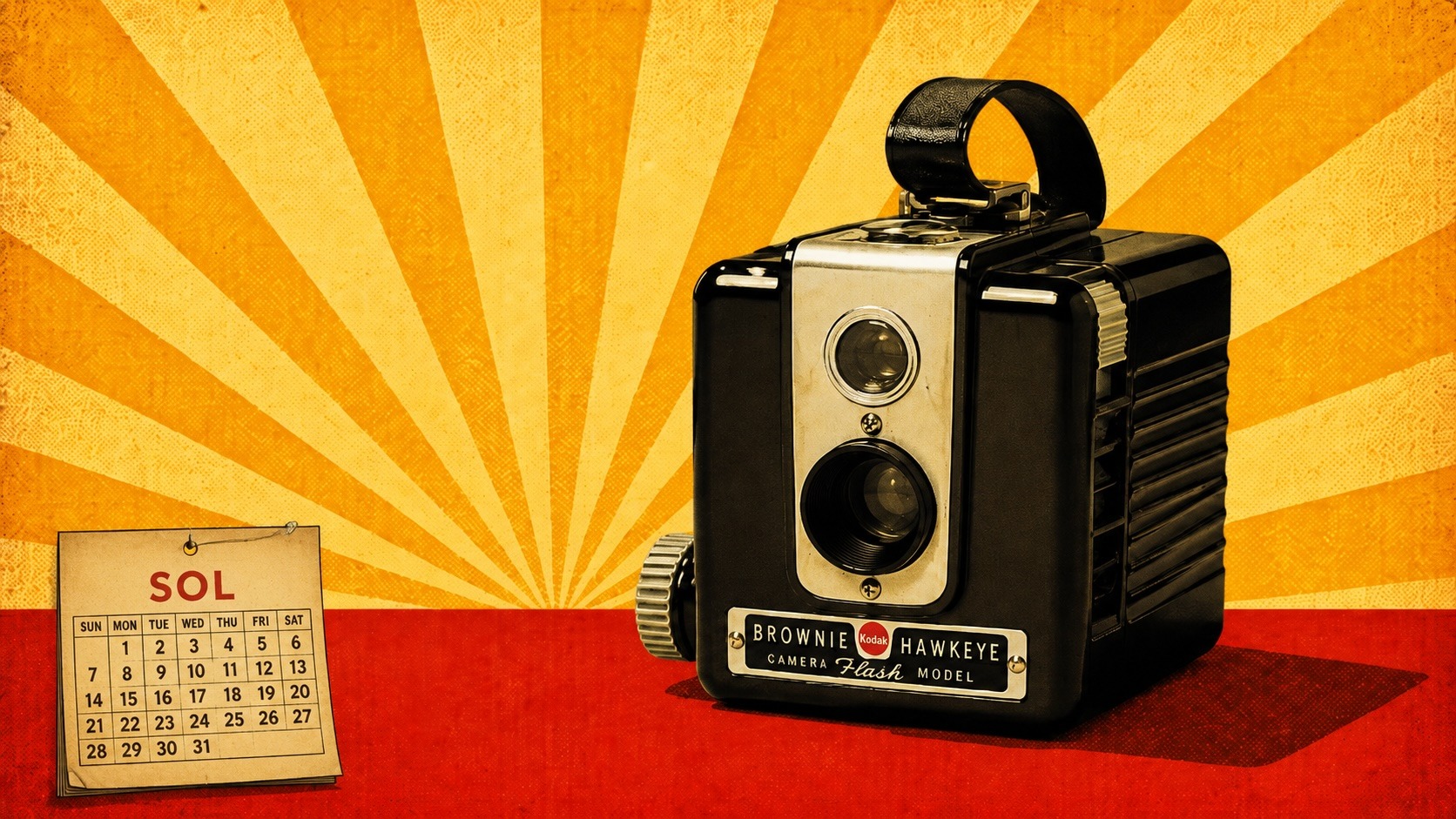 Vintage Kodak camera beside a Sol calendar on an orange sunburst background.