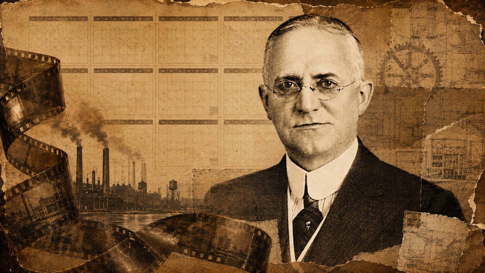 George Eastman portrait with film strips, calendars, and a Kodak factory backdrop.