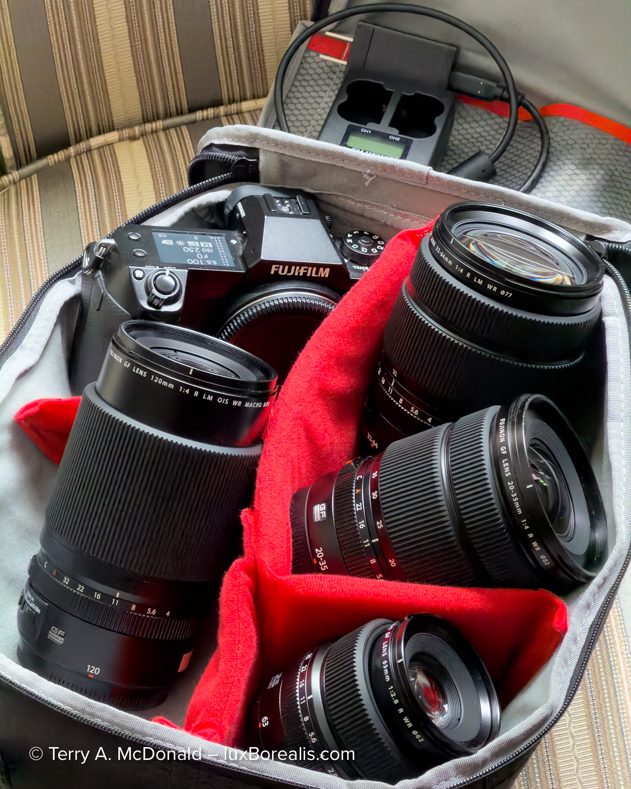 Fujifilm GFX 100S II camera with Fujinon GF lenses, extra battery, and charger.