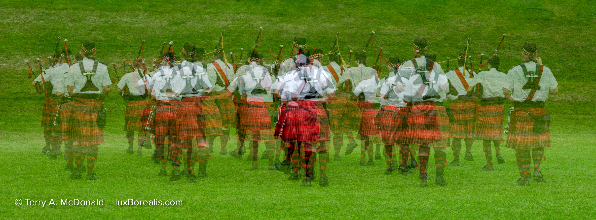 Multiple exposure photograph of men in kilts at the Guelph Scottish Festival, captured with a Fujifilm GFX 100S II.