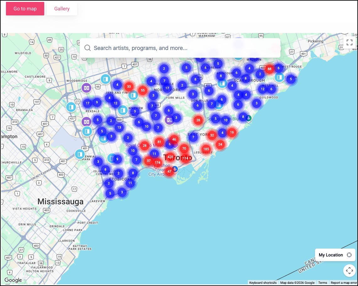 StART map showing public art and mural locations across Toronto