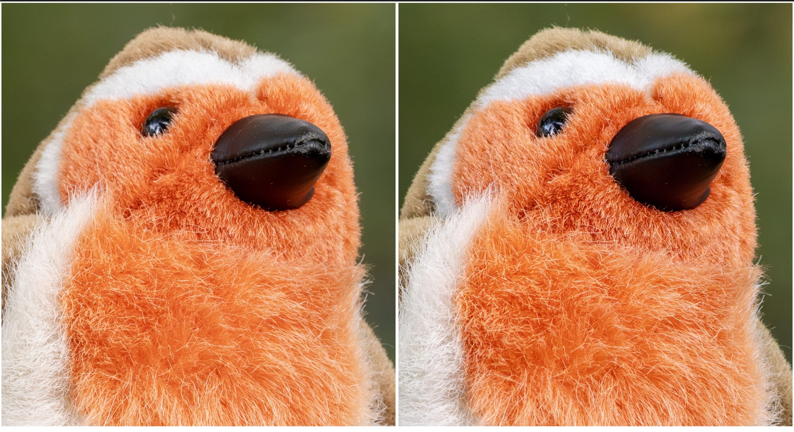 Side-by-side close-up comparison of an orange and white plush bird’s face, photographed with the Fujifilm GFX 100S II and Olympus OM-1.