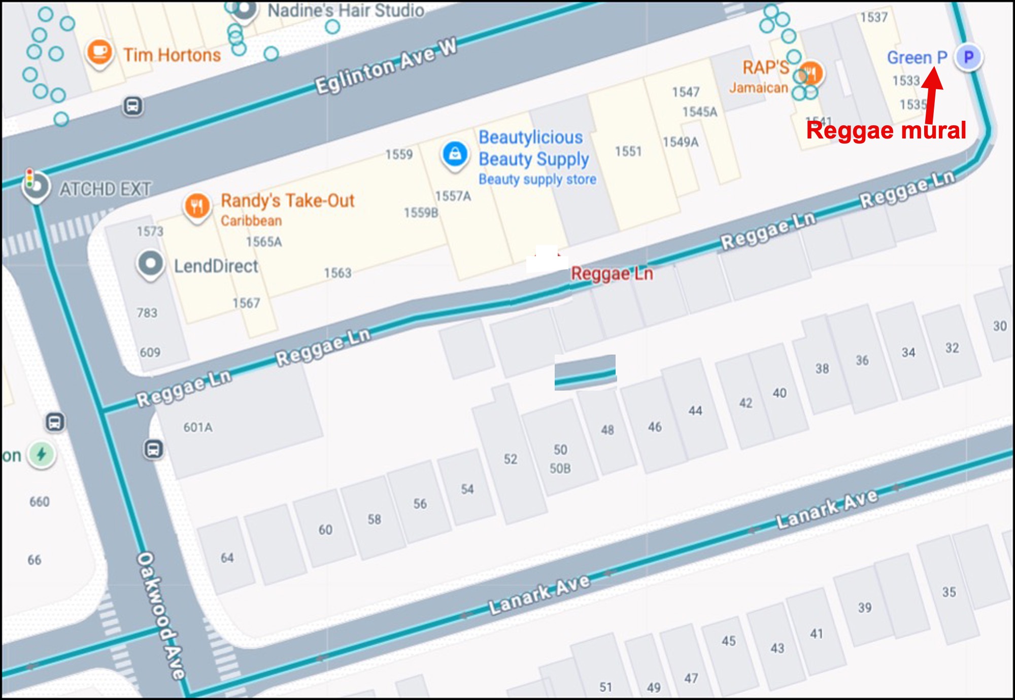 Map showing the Reggae Lane area and location of the Reggae mural