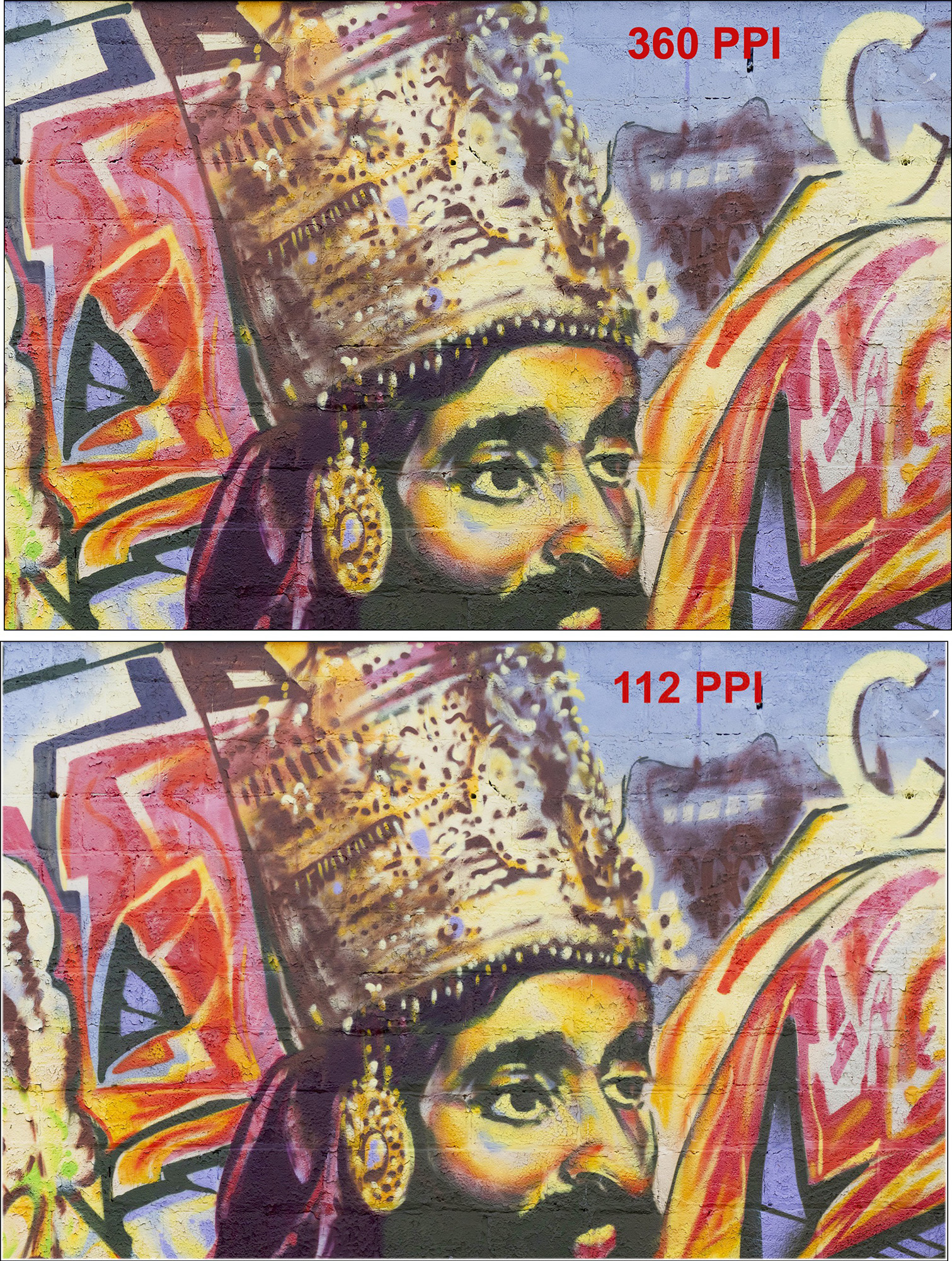 Resolution test comparing 360 PPI and 112 PPI versions of the mural