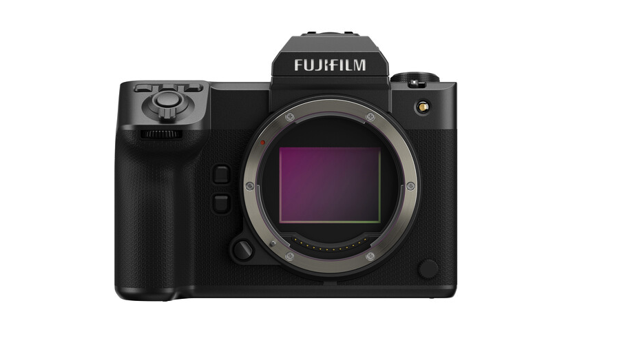 Front view of the Fujifilm GFX100 II medium format camera body without a lens, showing its image sensor and lens mount.