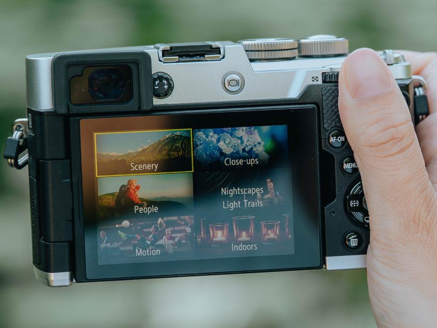 OM SYSTEM PEN rear screen showing Scene modes