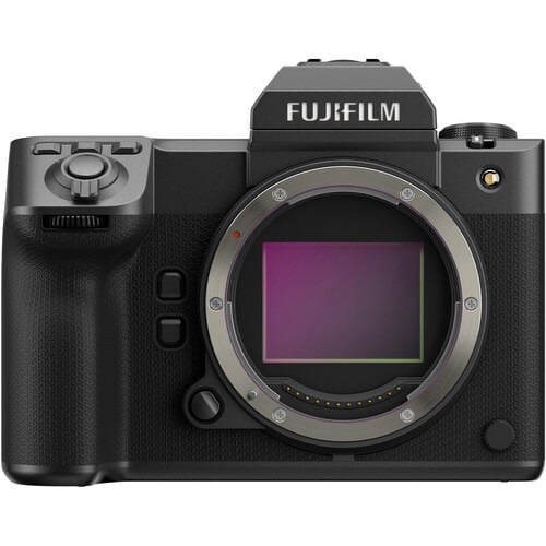 Front view of the Fujifilm GFX100 II medium format camera body without a lens, showing its image sensor and lens mount.