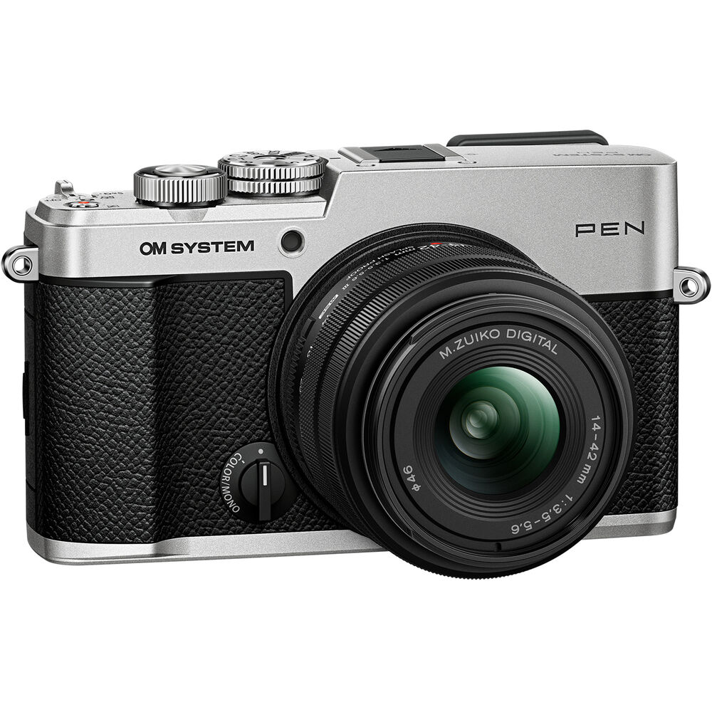 Silver OM SYSTEM PEN with 14-42mm kit lens