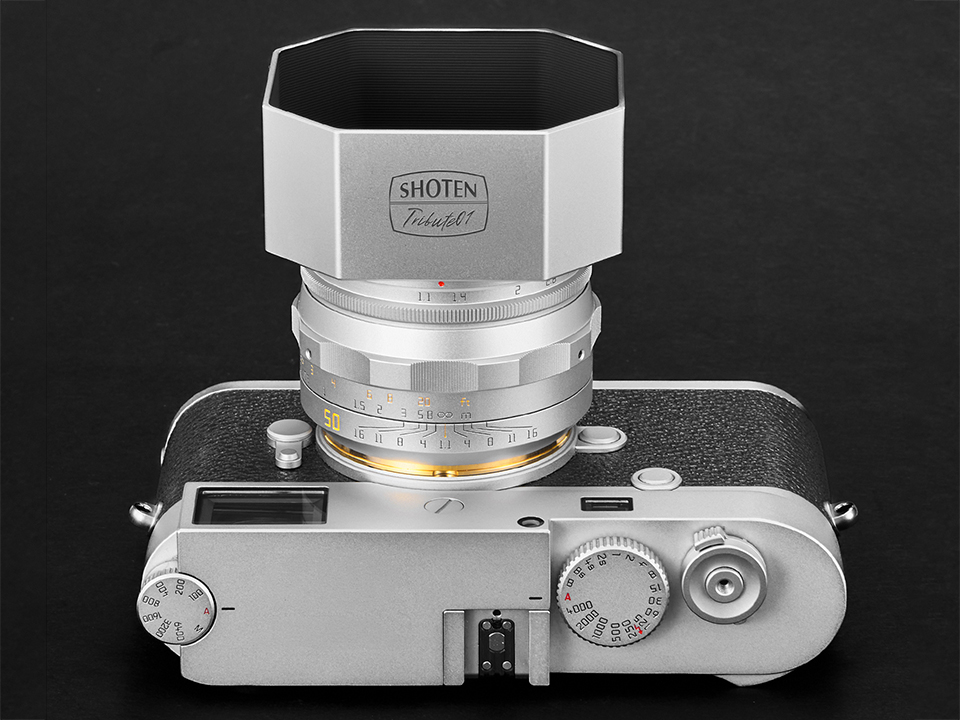 Top view of a silver Shoten Tribute 01 lens on a Leica camera