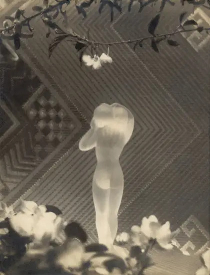 Sculptural figure surrounded by flowers and decorative patterns in Luo Bonian's Drawing Water from a Well, 1932