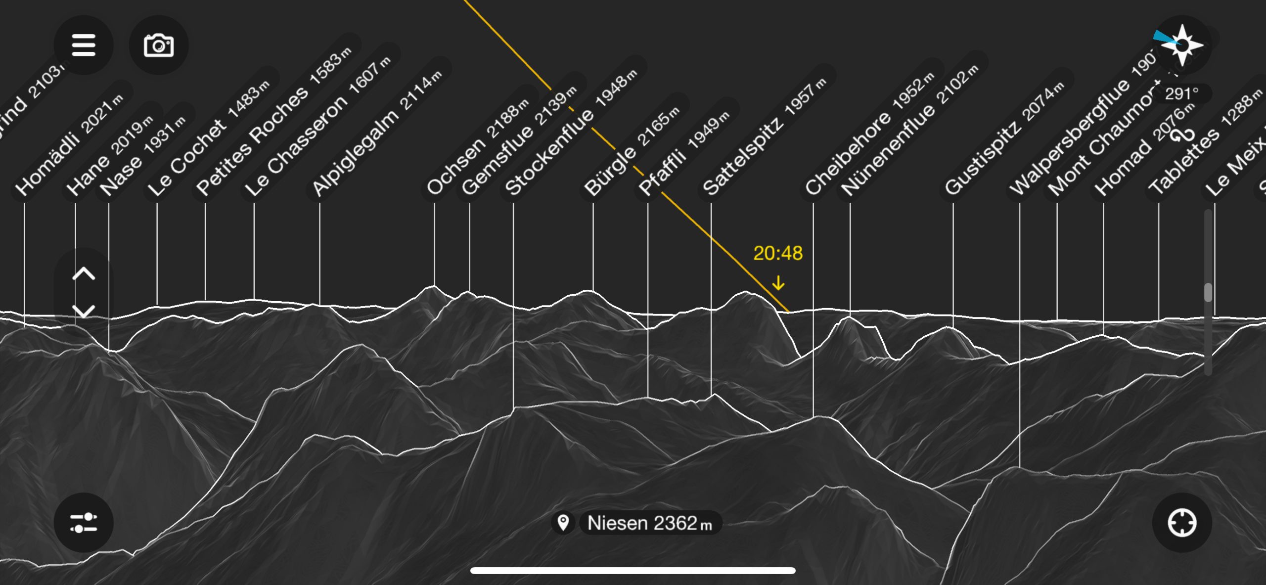 PeakFinder showing the sunset position over Mount Niesen