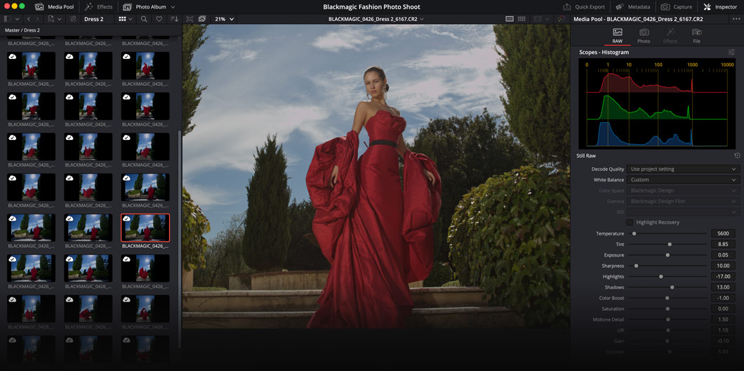 DaVinci Resolve 21 Photo page showing a RAW fashion portrait, photo thumbnails, and editing controls