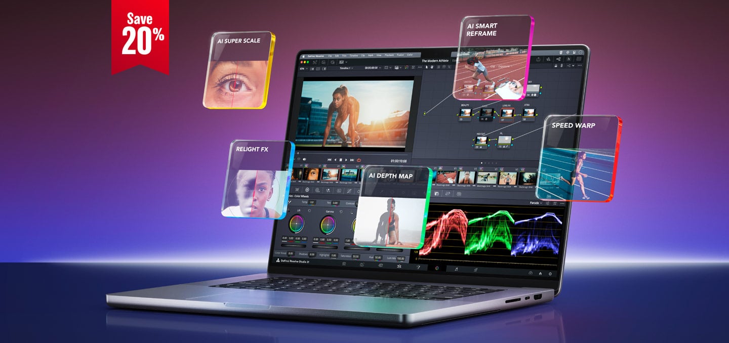 DaVinci Resolve Studio photo and video editing interface with AI tools and 20% discount offer