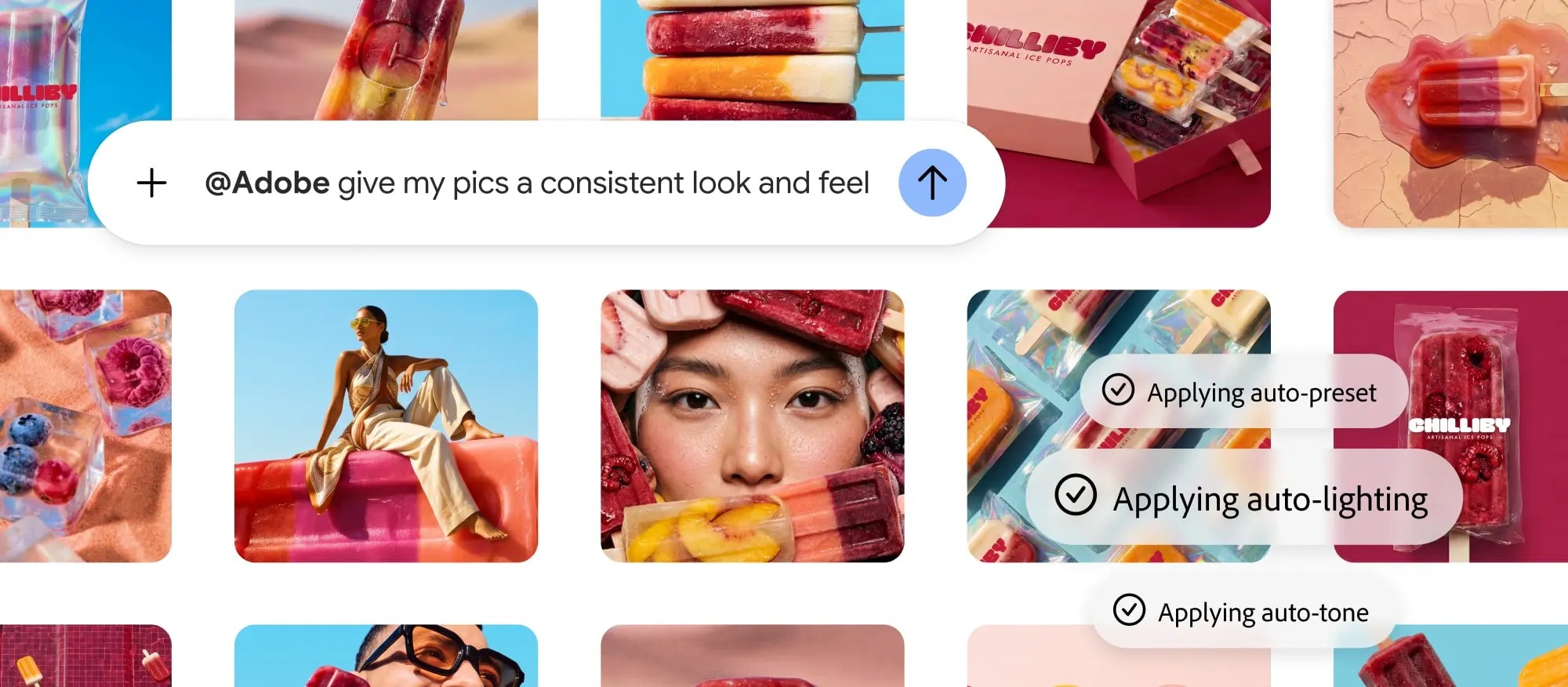 Adobe photo editing in Google Gemini showing consistent look, auto-preset, lighting, and tone adjustments