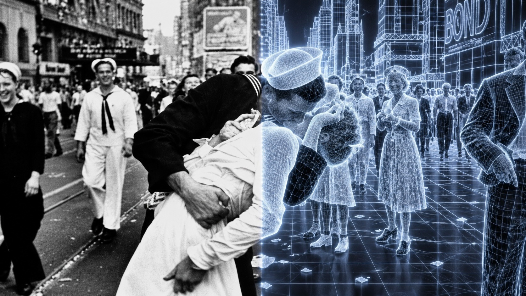Black-and-white street photograph beside a 3D digital reconstruction, illustrating Sony's Spatial AI technology