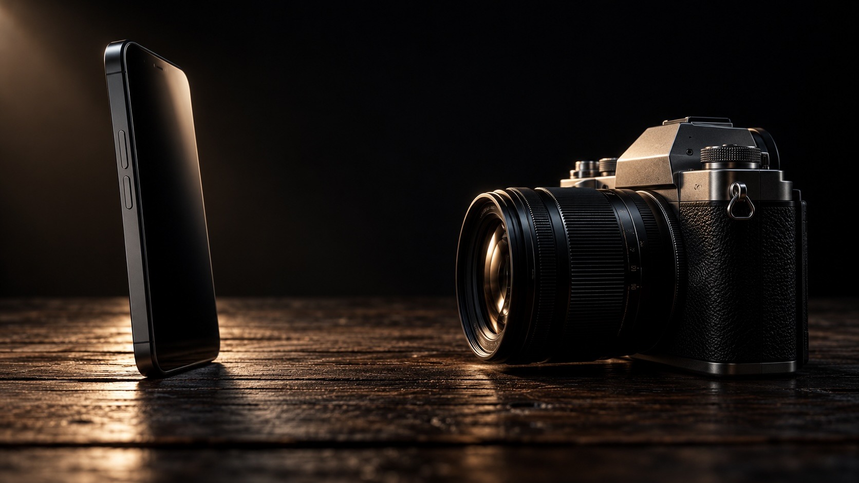 Smartphone and digital camera side by side, illustrating the future of photography