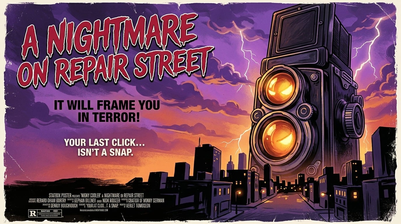 Illustrated vintage twin-lens reflex camera against a stormy purple and orange cityscape for “A Nightmare On Repair Street.”