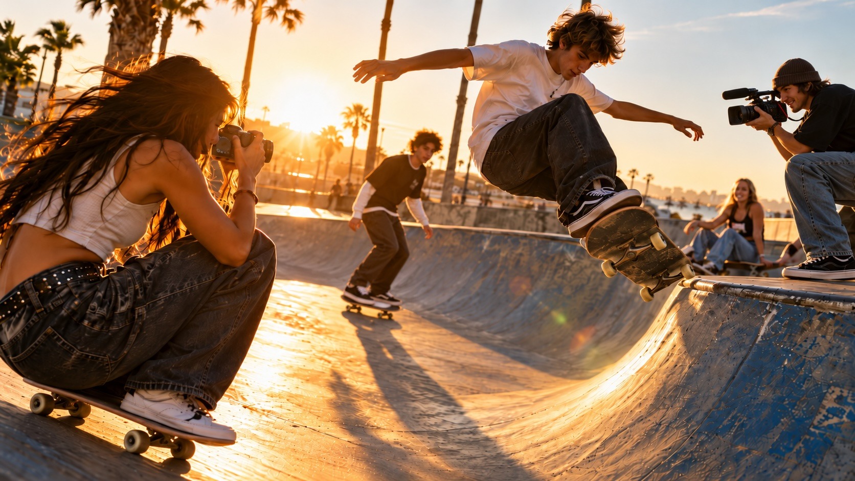 Photographer capturing a skateboarder at a skate park, highlighting video and hybrid camera use