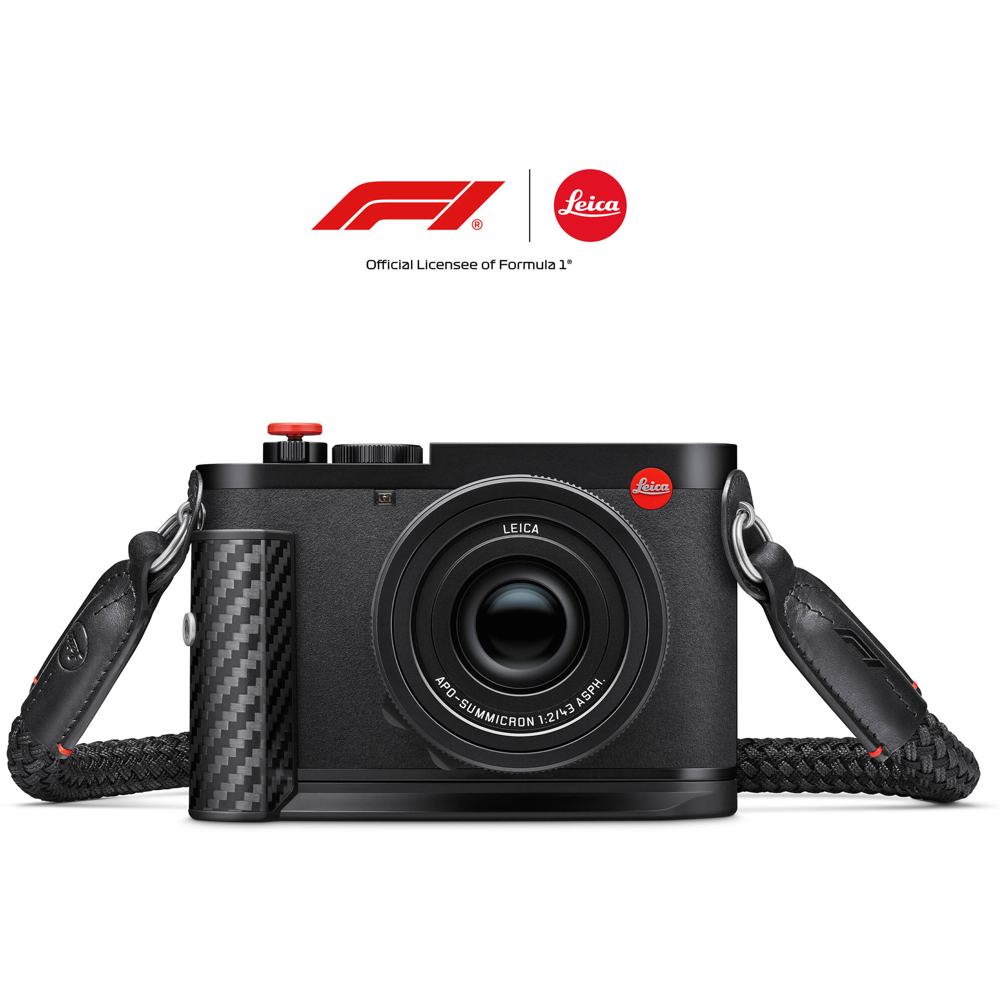 Leica Q3 43 Formula 1 Edition front view showing its carbon-fiber grip