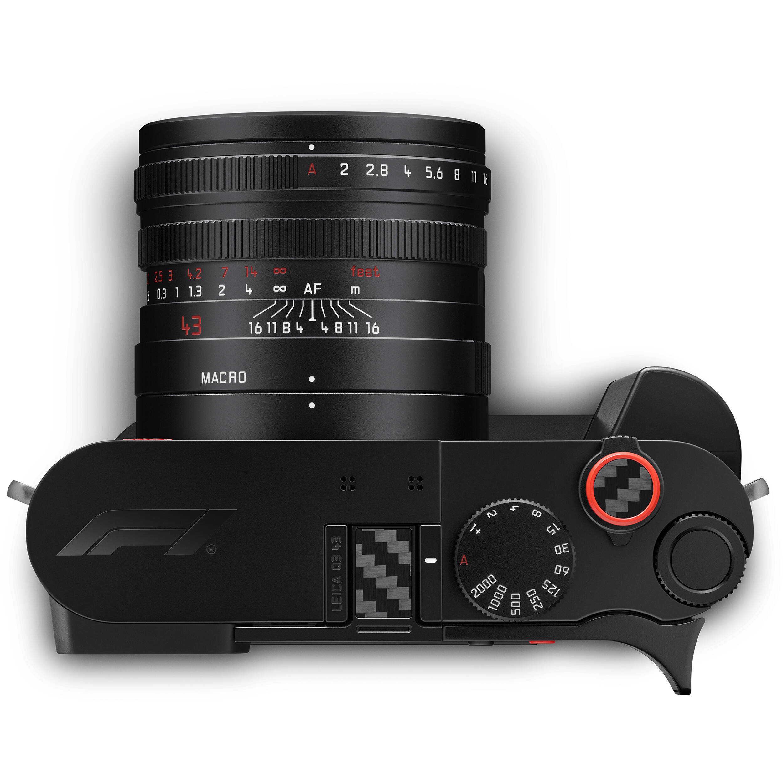 Top view of the Leica Q3 43 Formula 1 Edition showing its 43mm lens