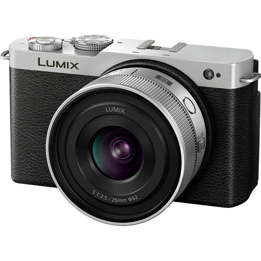 Panasonic LUMIX S9 camera with silver LUMIX S 20mm F2.5 pancake lens attached.
