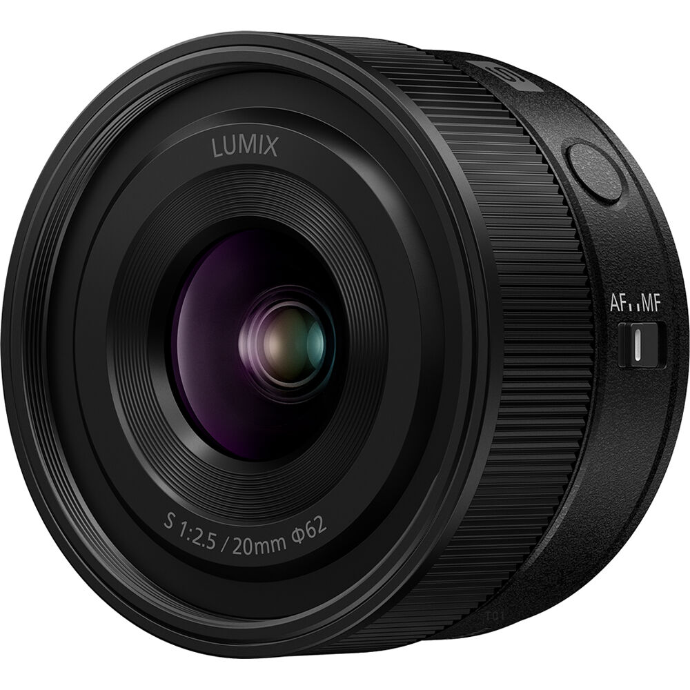 Panasonic LUMIX S 20mm F2.5 full-frame pancake lens in black, front three-quarter view.