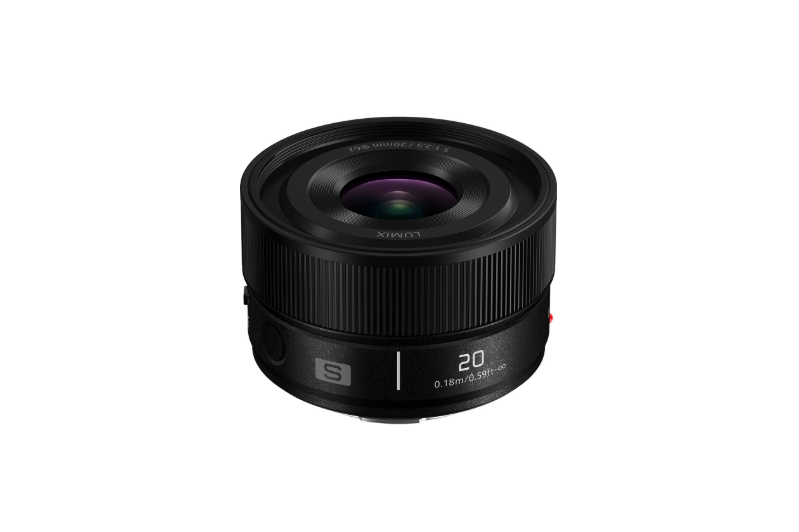 Close-up of the Panasonic LUMIX S 20mm F2.5 lens showing its front element and compact design.